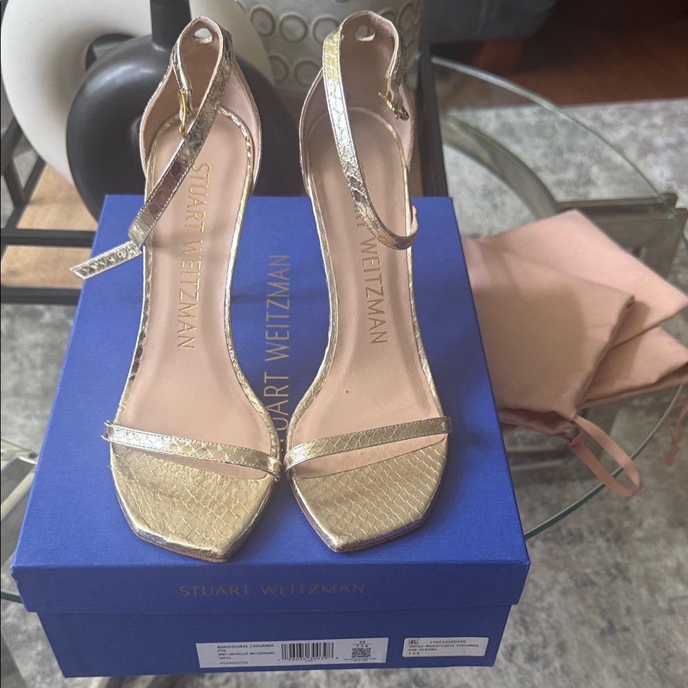 Stuart Weitzman Nudistcurve 100 Metallic Gold Ankle Strap Heels